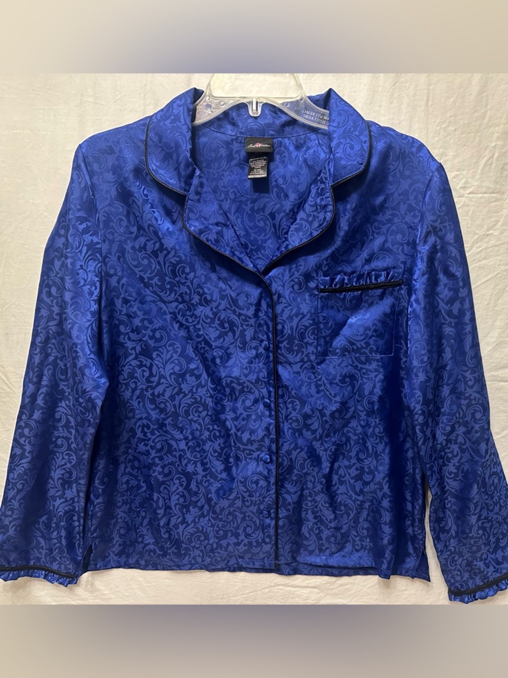 Blue Cobalt Satin Pajama Set Damask Print Button Top M / Pants L